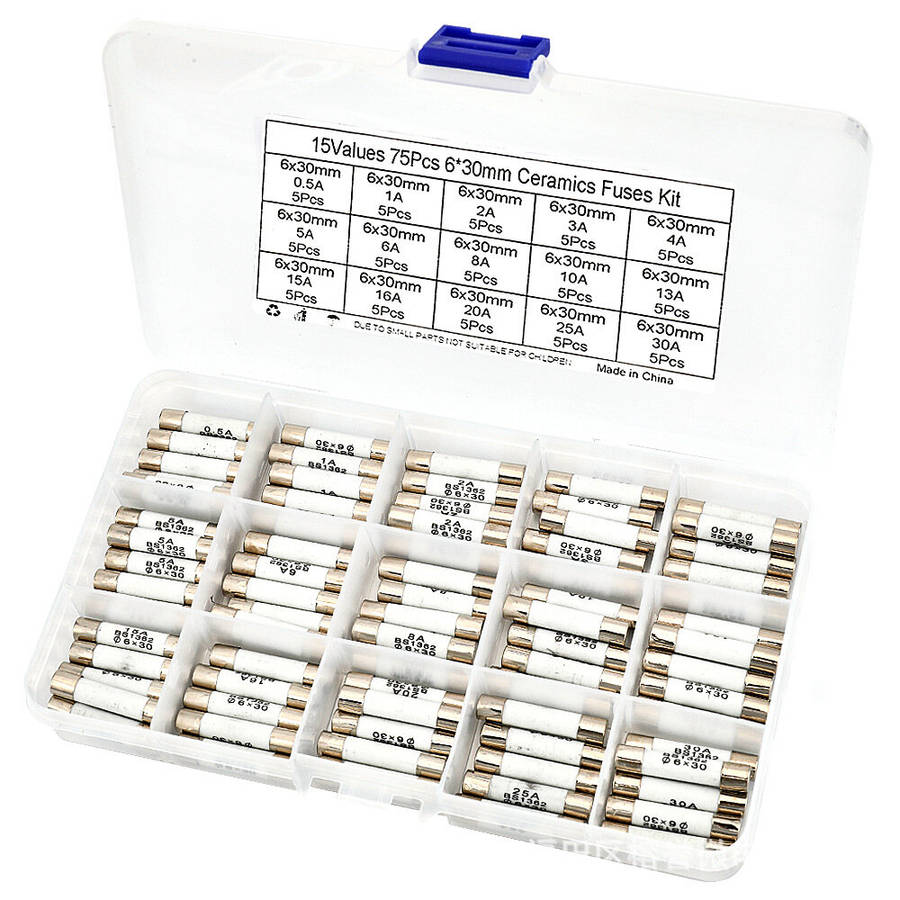 with box - 75PCS Ceramic Fuse Kit 6x30mm 15A Ratings 0.5A to 30A Electrical Replacement Fuses Heat R
