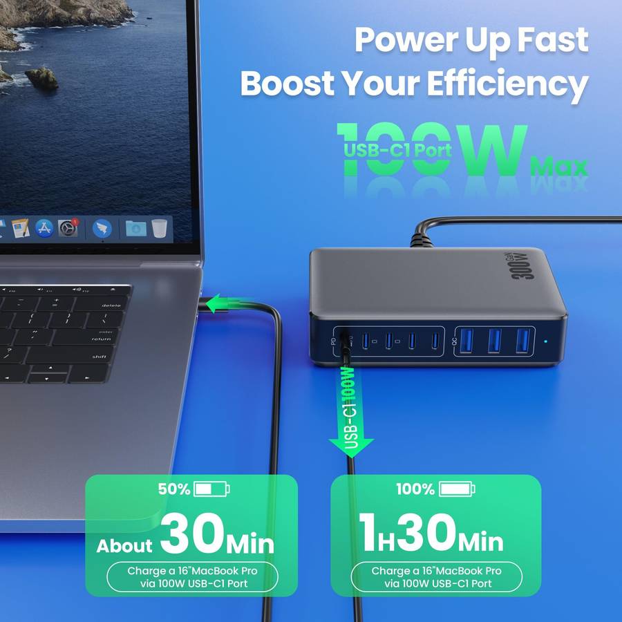 Black - [GaN Tech] 300W 8-Port USB PD Charger 5USB-C+3USB-A QC PD Fast Charging Desktop Charging Sta