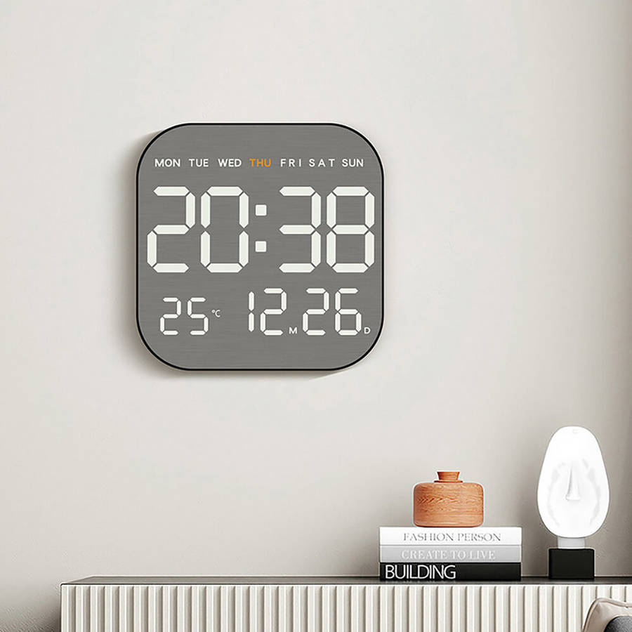 Black - Remote Control Digital Wall Clock LED Alarm Clock Metal Brushed Texture Large Display Screen