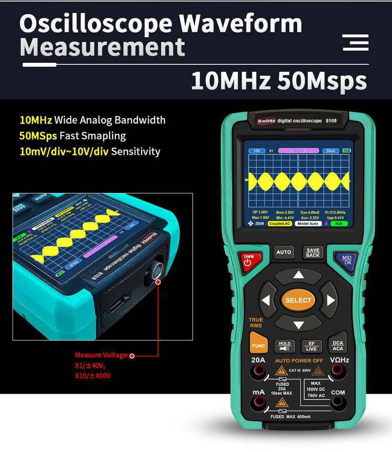 2IN1 WINAPEX 810B Digital Oscilloscope Multimeter 10MHz Bandwidth 50MSa/s Sampling High Sensitivity