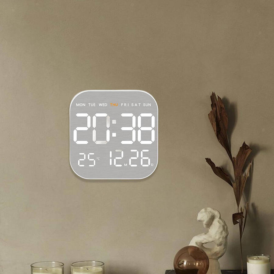 Black - Remote Control Digital Wall Clock LED Alarm Clock Metal Brushed Texture Large Display Screen