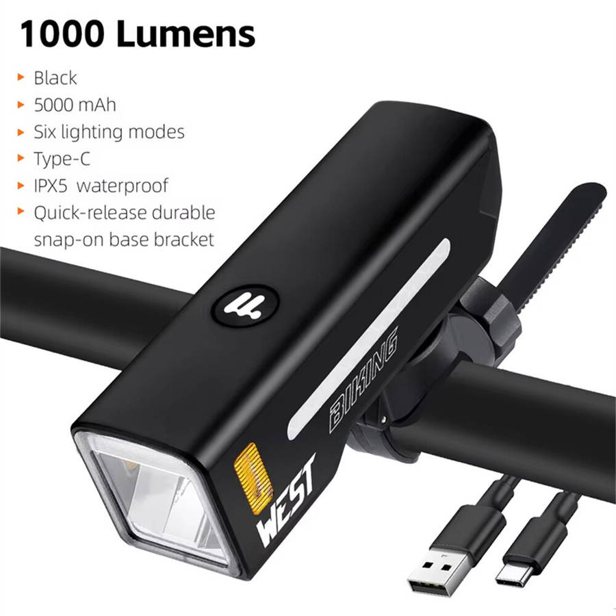 Black - WEST BIKING 1000 Lumen High Brightness Bike Headlight 5000mAh Anti-glare Quick-release Bicyc