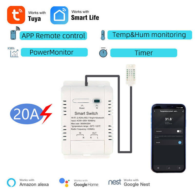 16A with 2M Temperature Cable - 16A Tuya Smart WiFi Temperature Switch Intelligent Energy Circuit Br