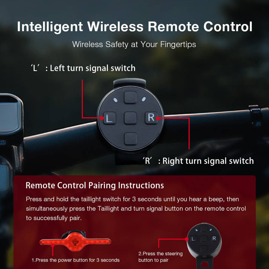 Black - LAOTIE X8 Wireless Remote Bike Turn Taillight 400mAh Battery 7 Light Modes Type-C Rechargeab