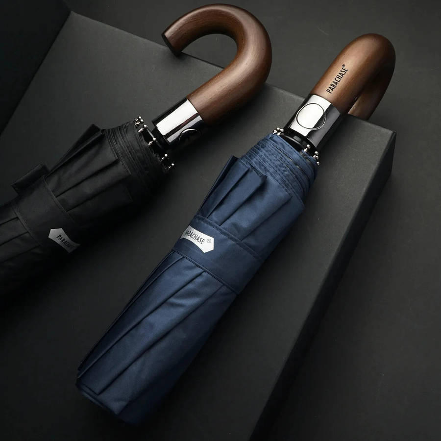 Gray - Automatic 10-Rib Wooden Curved Handle Automatic Umbrella 10K Automatic Folding Umbrella Rain