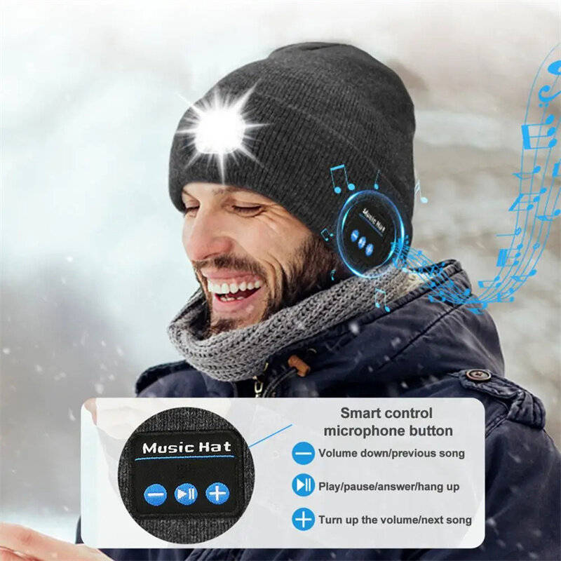 Blue - LED Light Bluetooth Beanie Unisex Warm Knitted Beanie 3 Light Modes Waterproof Rechargeable W