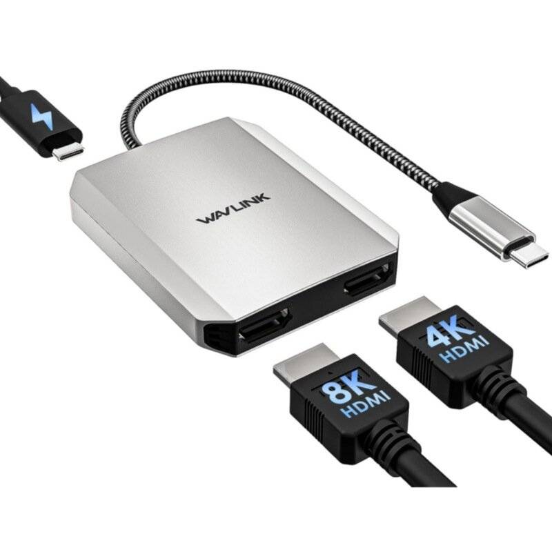 Silver - WAVLINK USB-C to HD Dual Display Adapter Single 8K@30Hz/4K@120Hz Dual 4K@60Hz 3-In-1 Splitt