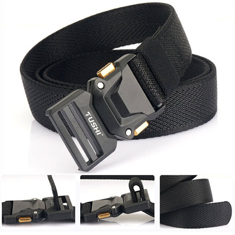 Black - TUSHI 120cm Metal Rotating Buckle Tactical Belt Nylon Wistand Inserting Buckle Casual Milita