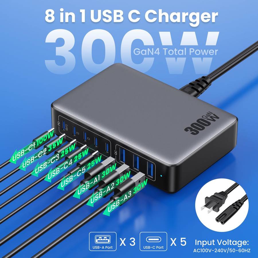 Black - [GaN Tech] 300W 8-Port USB PD Charger 5USB-C+3USB-A QC PD Fast Charging Desktop Charging Sta