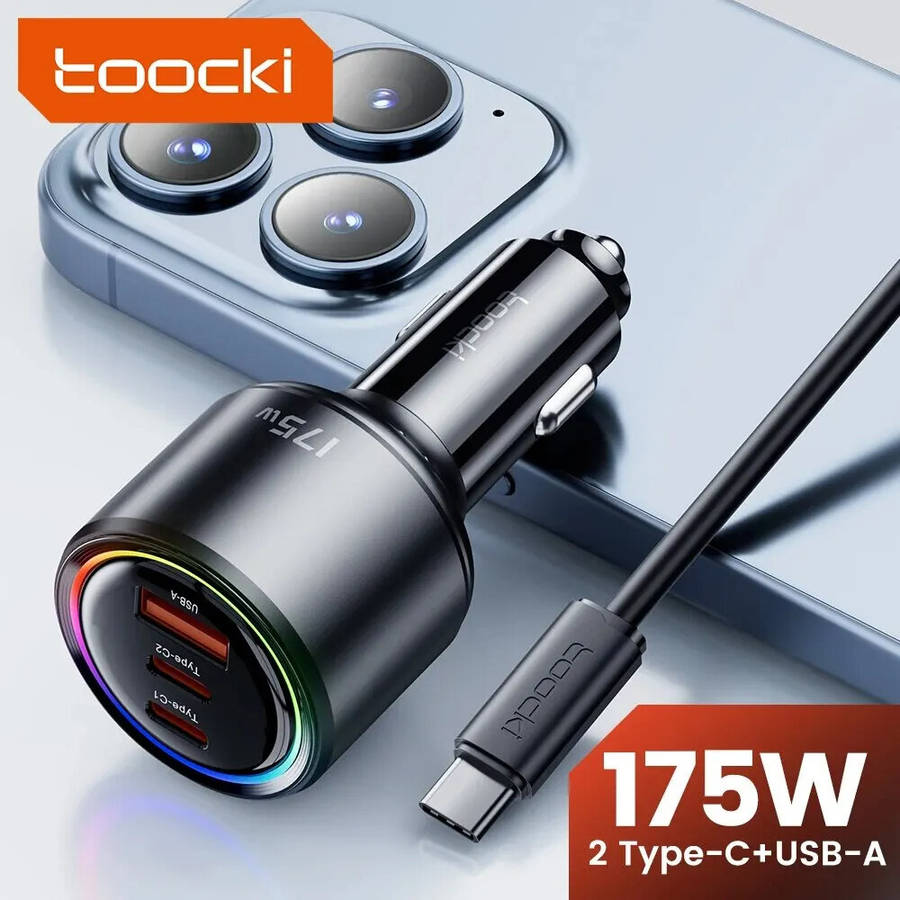 Toocki TQ-CC14 175W 3-Port USB PD Car Charger Adapter USB-A+2Type-C PD3.0 QC3.0 Fast Charging for iP