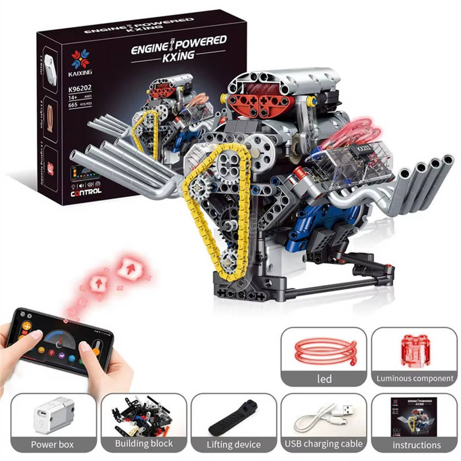 Silver - K96202 V8 Engine Model With LED Light Technical Car Building Block Hellcat V-type 8 Cylinde