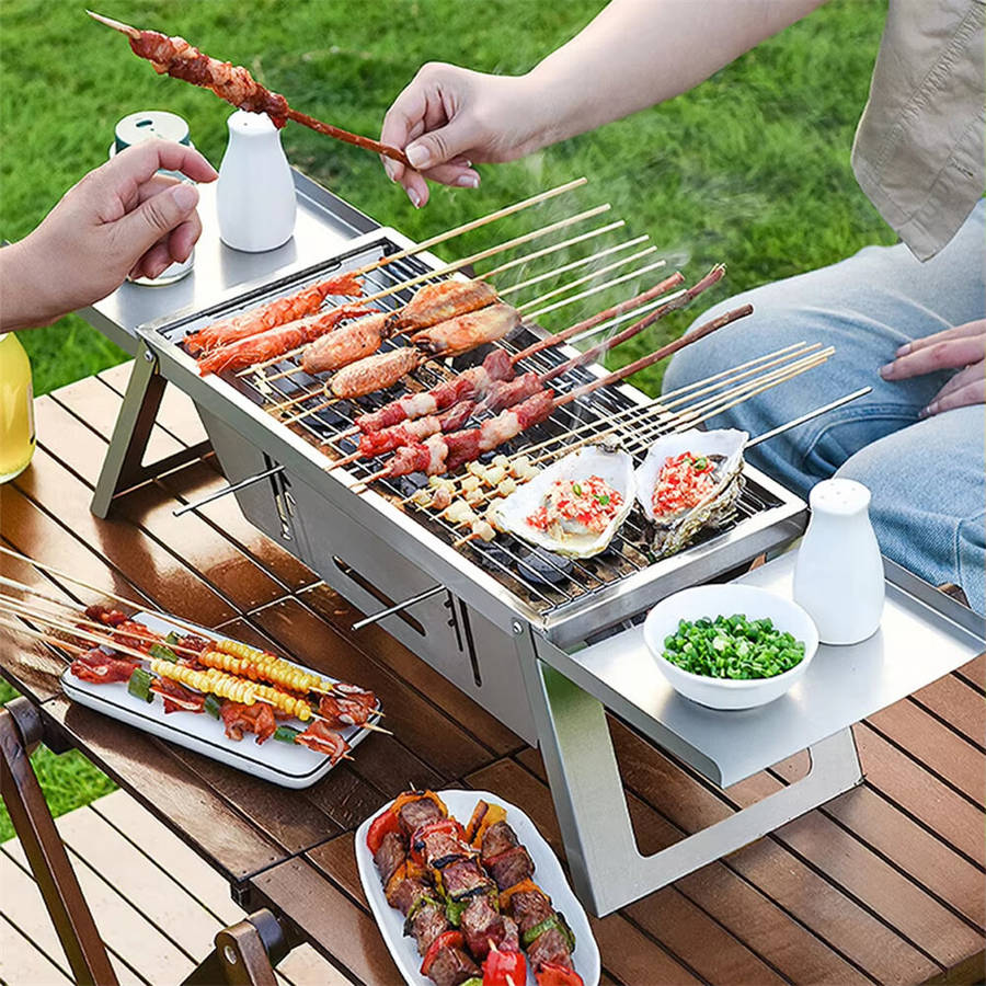 Silver - IPRee Stainless Steel Grill Outdoor Portable Charcoal Thickened Barbecue Household Small On