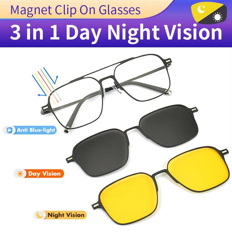 Gun Gray - 3 In 1 Magnetic Anti-blue Light Eyeglass with HD Polarized | Night Vision Lenses UV-resis