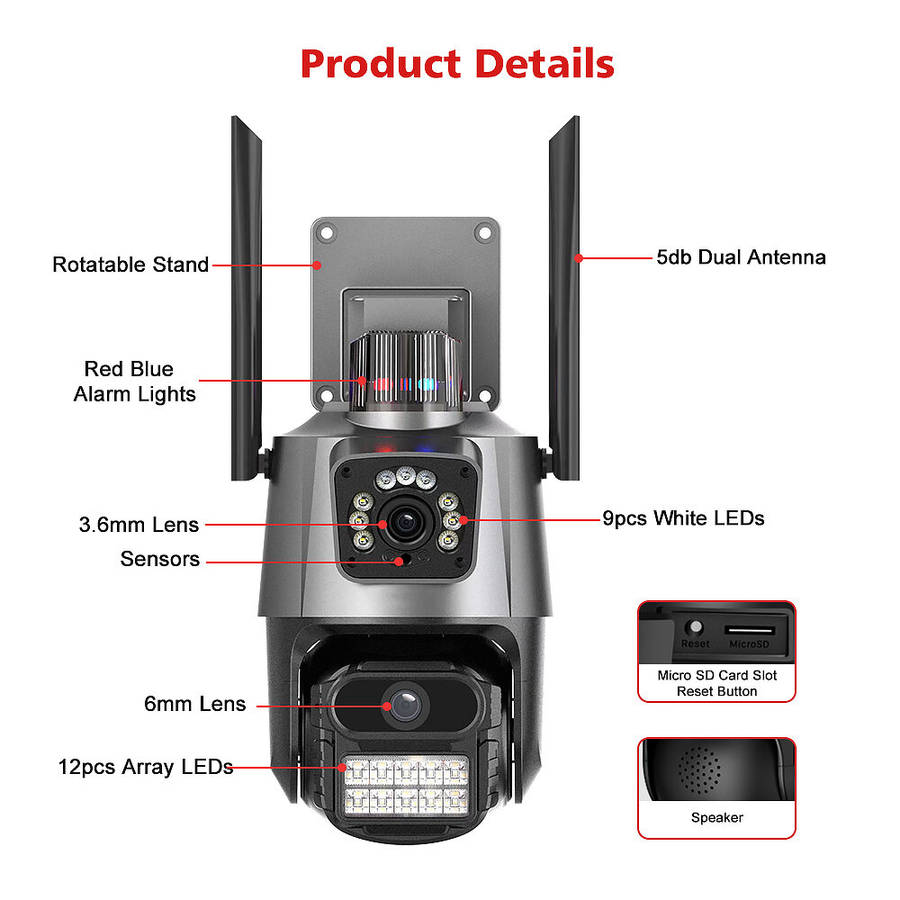 3MP+3MP Dual Lens Wifi Camera Outdoor Dual-Screen AI Auto Tracking PTZ IR Color Night Vision Onvif 2