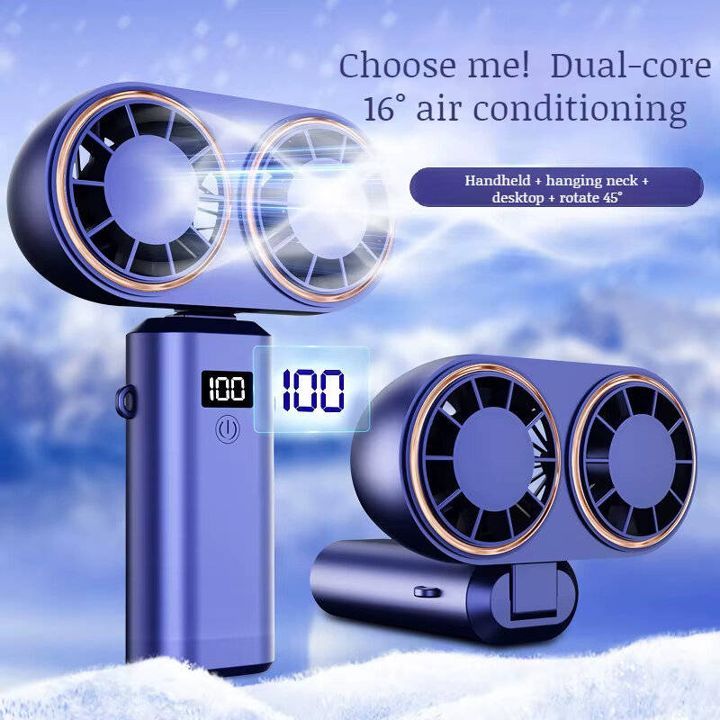 Pink - Neck Hanging Fan USB Rechargeable Folding Design Dual Turbo Dual Fan Cooler Rechargeable Cool