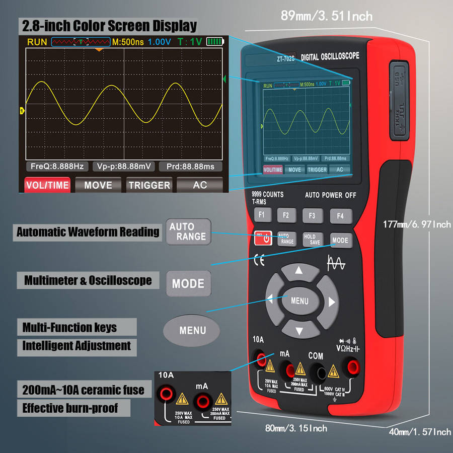 BSIDE ZT702S Digital Multimeter Auto True RMS Tranistor Probe Multimetro Meter 48M/S 10MHZ PC Wavefo