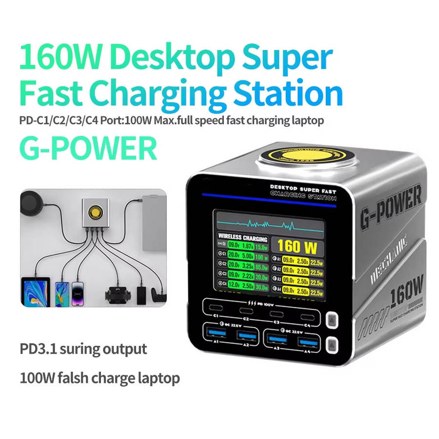 EU Plug - G-POWER 160W Nitride Charger GaN Fast Charger 8-Port PD3.1 QC USB-C USB-A Charging Station