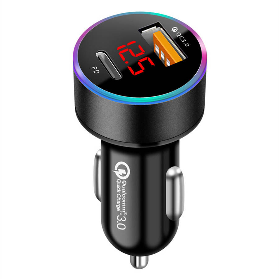 Black - 38W Car Charger PD+USB QC3.0 Quick Charging Phone Charger 12V -24V Lighter Socket with LED V