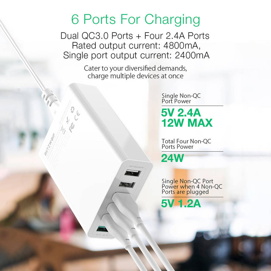 EU - BlitzWolf BW-S15 60W 6-Ports USB Charger Dual QC3.0 Desktop Charging Station Smart Charger EU P