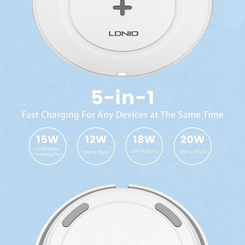 EU Plug - LDNIO AW003 32W 5-in-1 Desktop Wireless Charger Charging Station with 4-Port PD/QC3.0 Fast