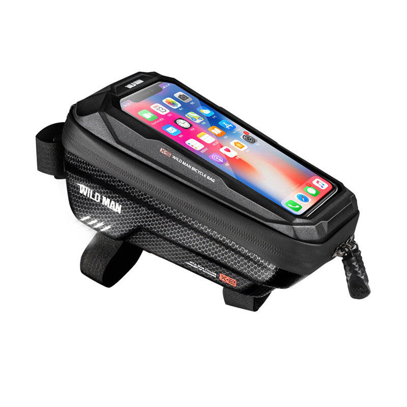 Black - WILD MAN Rainproof Bycicle Bag Fits 5.5-6.7 inch Mobile Phone Touch Screen Front Frame Bike
