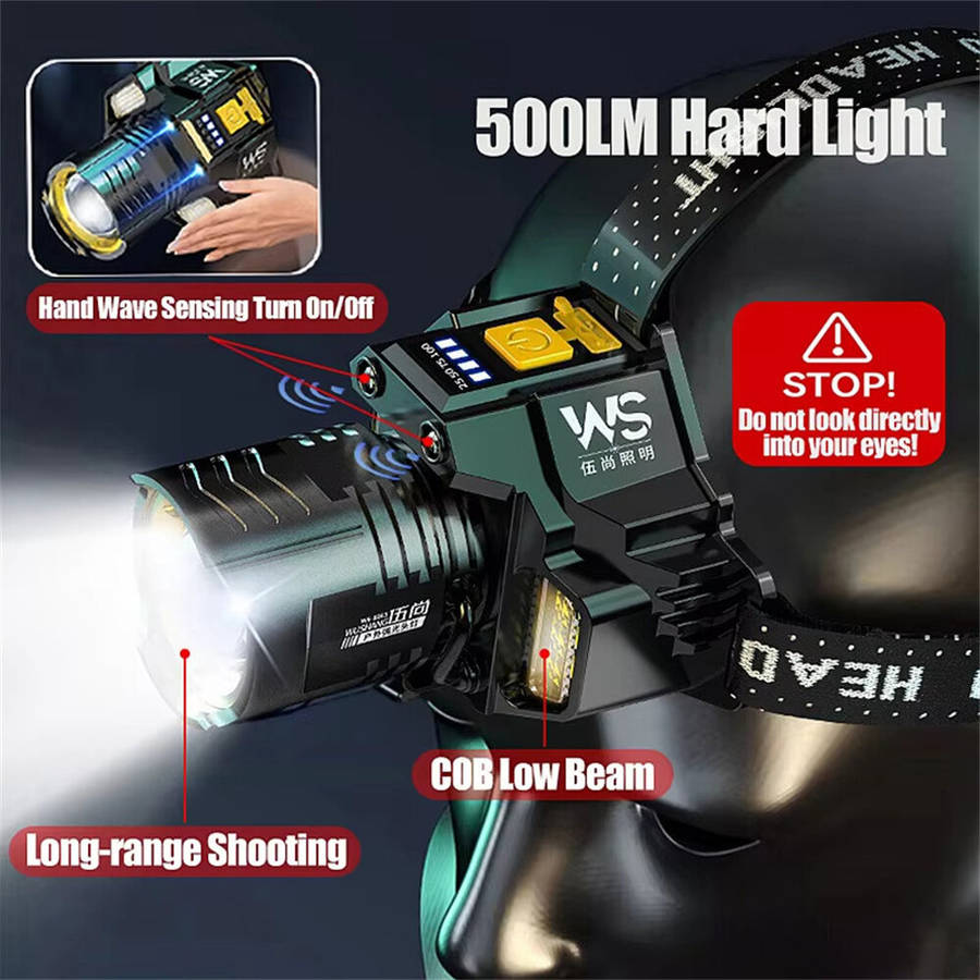 Black - Rechargeable Geste Sensor Zoomable LED Headlamp Outdoor Hand-free Strong Headlight 5 Modes M