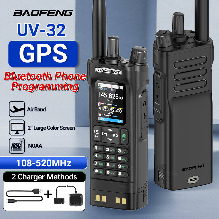 Black - Baofeng UV32 GPS 10W Long Range Walkie Talkie bluetooth Phone APP Programming Multi-band Wir