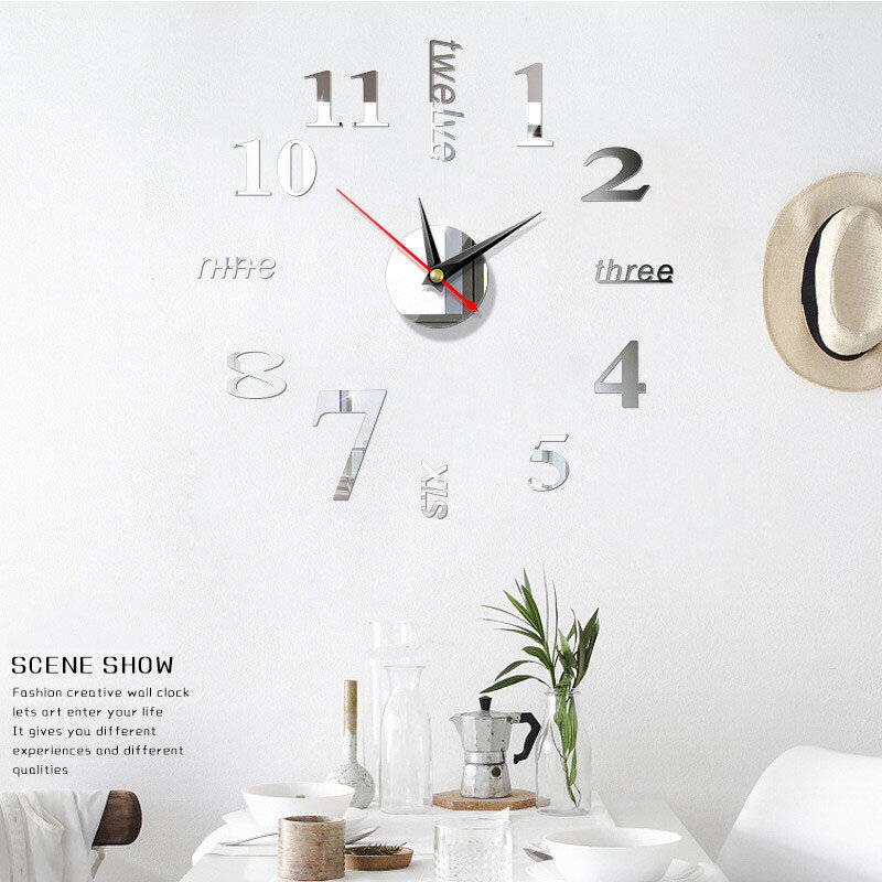 3D Acrylic DIY Large Wall Clock Mirror Surface Sticker 5 Color Home Office Decor...-(Color Silver)
