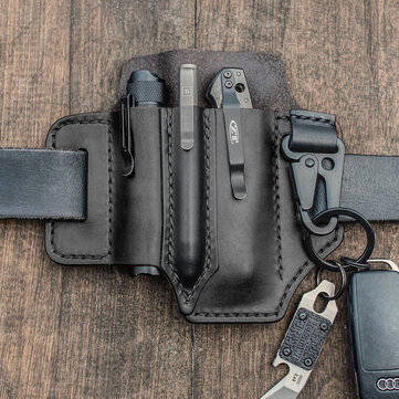 Men EDC Genuine Leather Multitool Flashlight Key Pen Organizer Gear Waist Belt Bag (COLOR: BLACK)