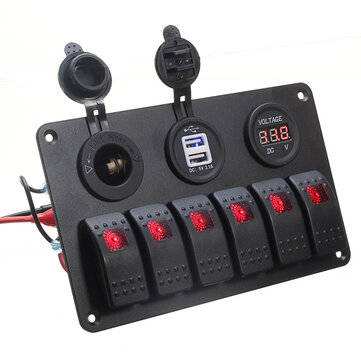 6 Gang LED Rocker Switch Panel Volt Meterr Dual Usb Power Charger Marine Boat RV (COLOR.: RED)