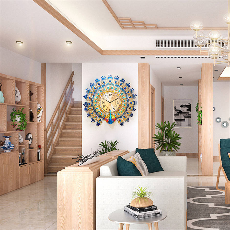 70*65cm Modern Large Peacock Wall Clock Quartz Clock Living Room Mute Home Decor...