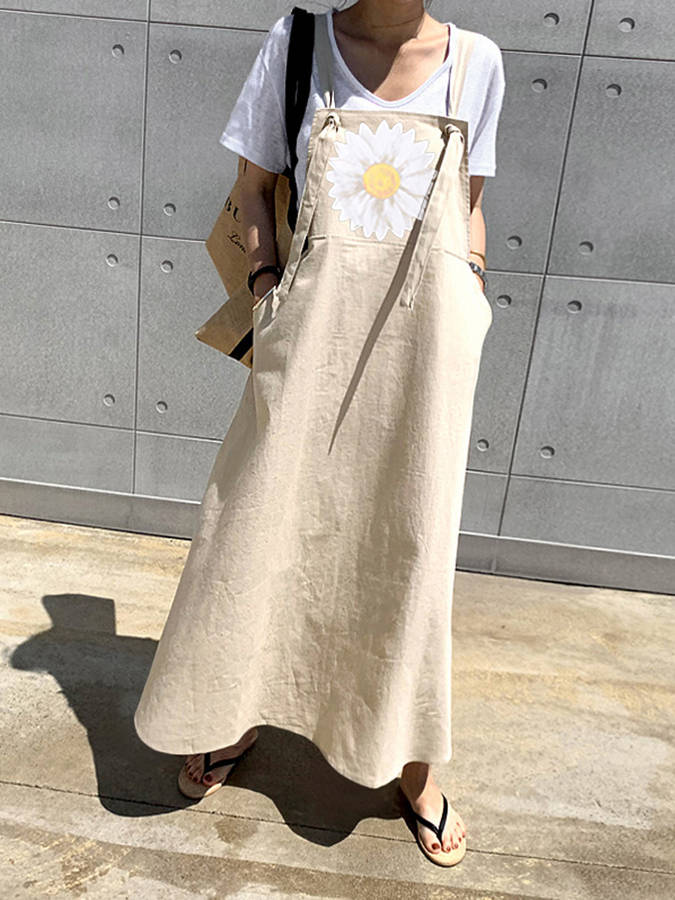 Small Daisies Print Adjustable Strap Casual Loose A-line Maxi Dress with Pocket (Size S Color Khaki)