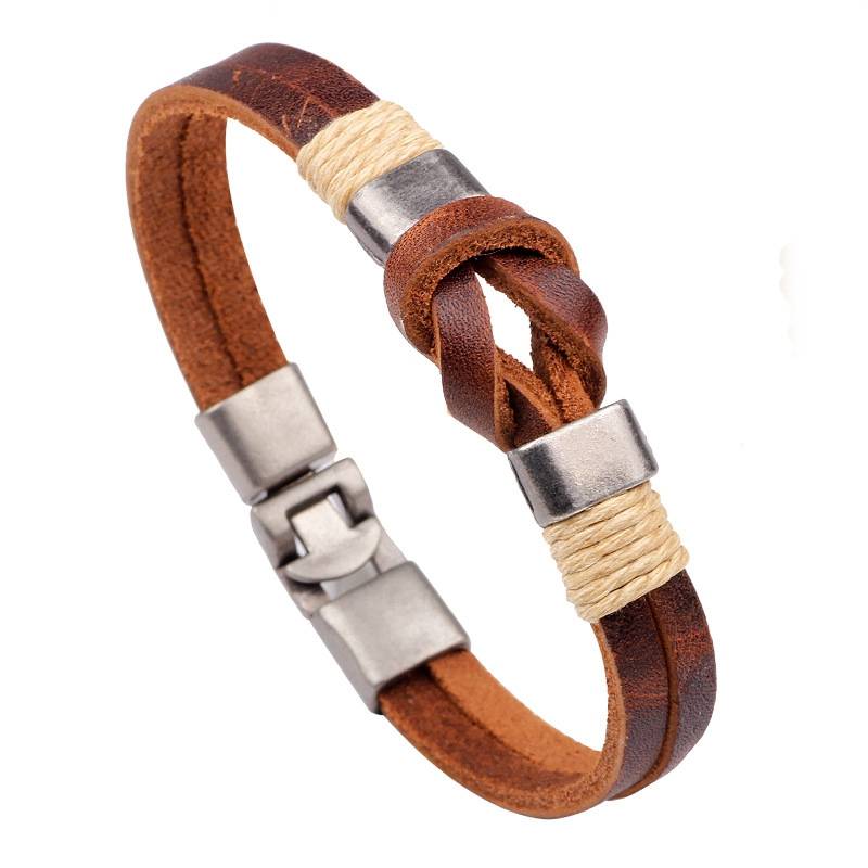 European Style Retro Vintage Leather Men Bracelet Buckle Double layers Chain (Color Brown)