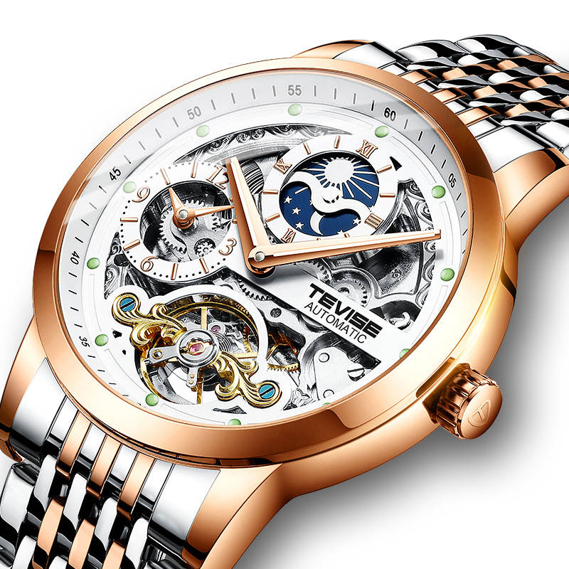 TEVISE T874 Full Steel Waterproof Automatic Mechanical Watch Moon Phase Calendar Men Watch