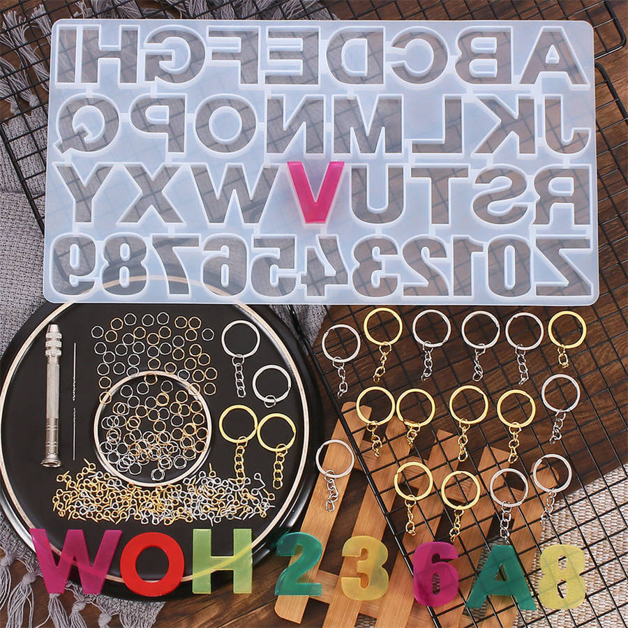 224Pcs Keychain Making Kit Jewelry Number Alphabet Silicone Mould Key Rings Jump Rings