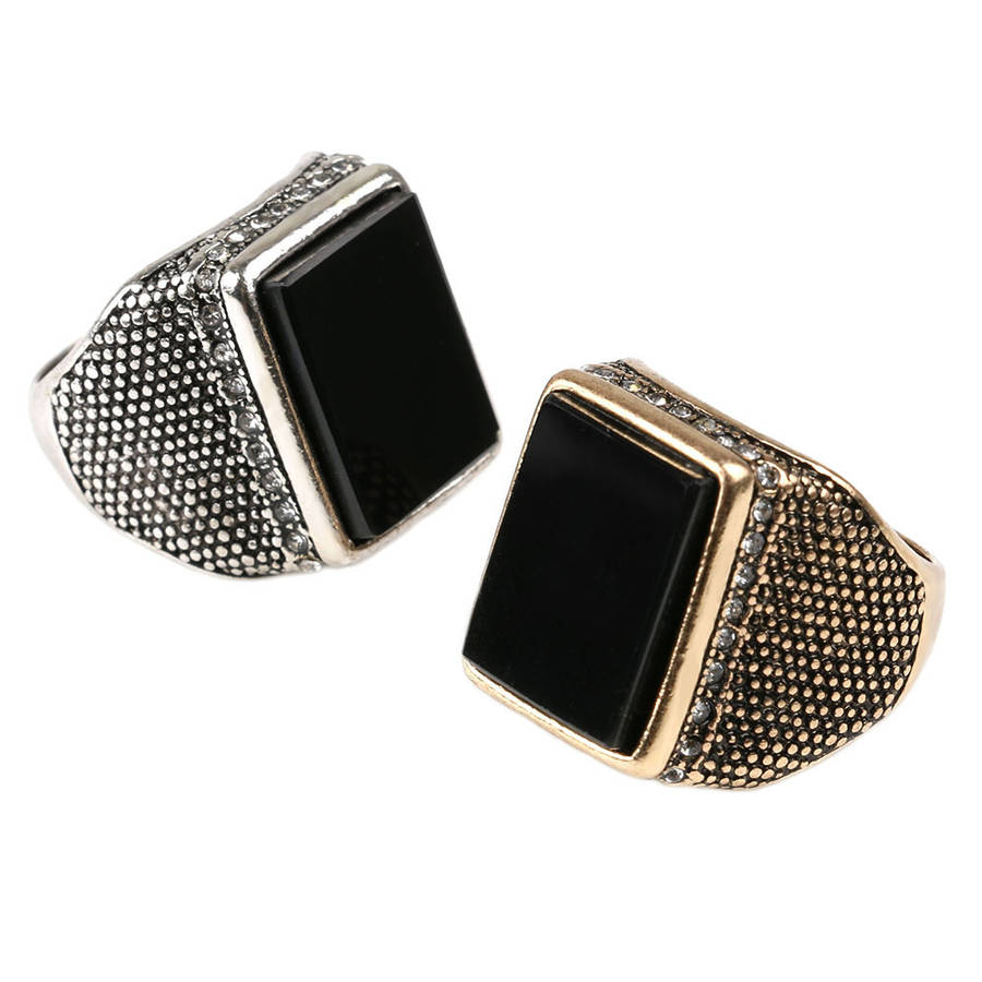 20mm Punk Resin Black Color Geometry Rhinestone Ancient Gold Finger Ring for Me (Size 10 Color Gold)