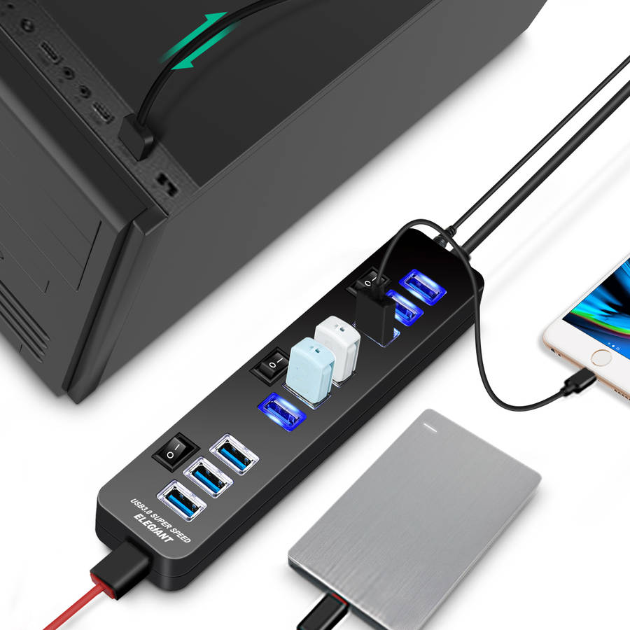 10 Port Usb Hub 9 Port Usb3.0 Data Hub + 1 Smart Charging Port With On/Off Switches Power Adapter 5V