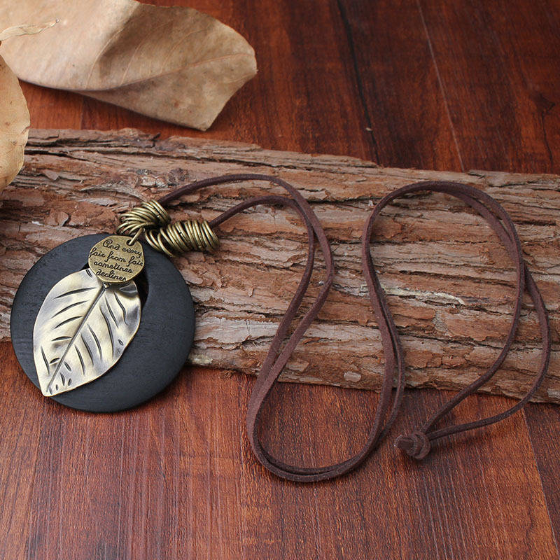 Ethnic Wood Alloy Leaf Pendant Necklaces Vintage Leather Rope Long Sweater Necklace For Men (NO. 01)