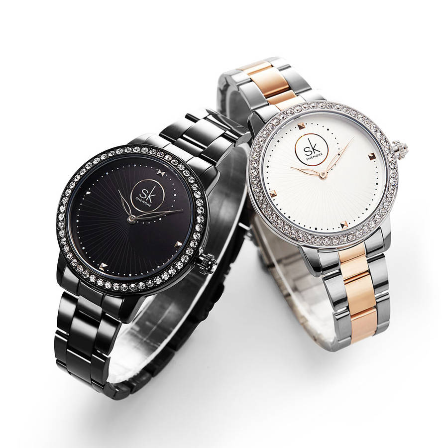 SHENGKE SK K0111 Full Steel Fashion Women Crystal Case Simple Needle Ladies Dress Quartz Watch