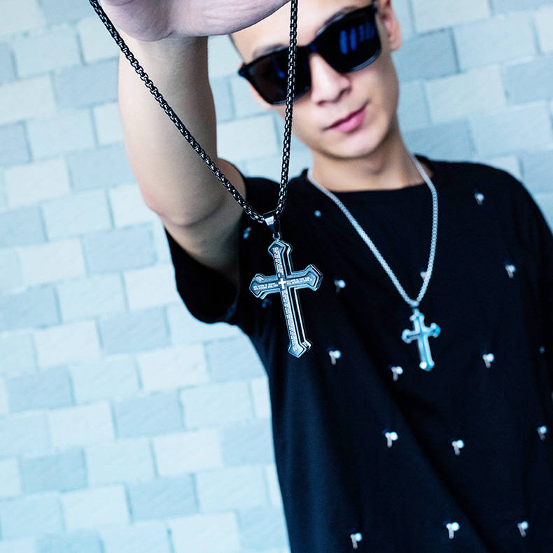 New Three-layered Cross Bible Tide Male Pendant Titanium Steel Men's Necklace