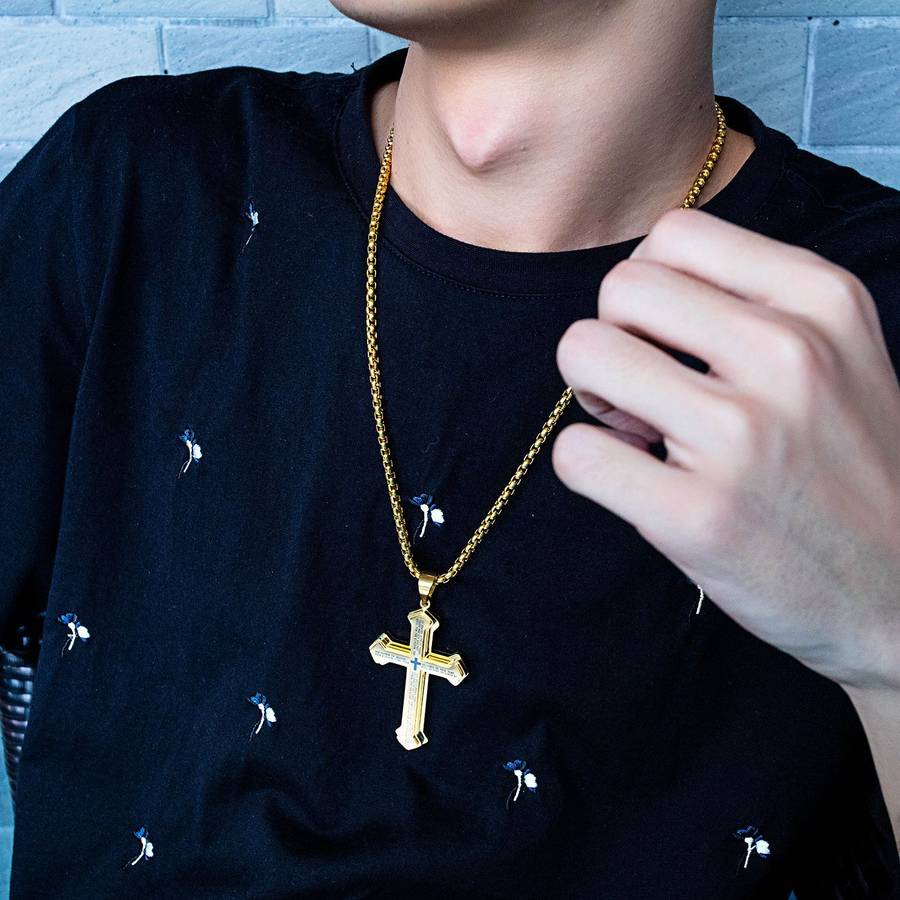 New Three-layered Cross Bible Tide Male Pendant Titanium Steel Men's Necklace