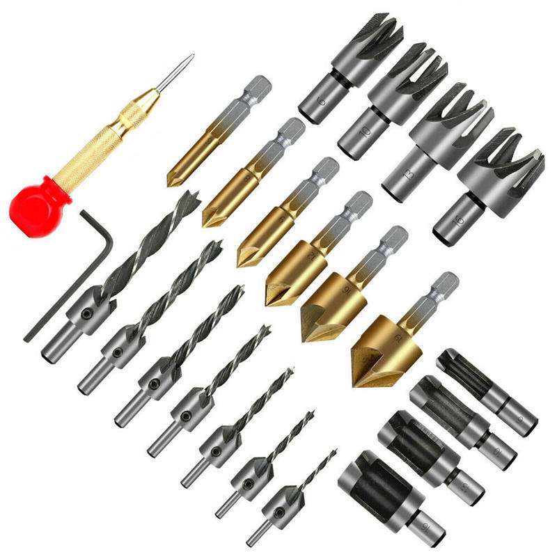 Drillpro 23Pcs Woodworking Chamfer Countersink Drill Bit 6pcs 1/4 Inch Hex 5 Flute 90 Degree Counter