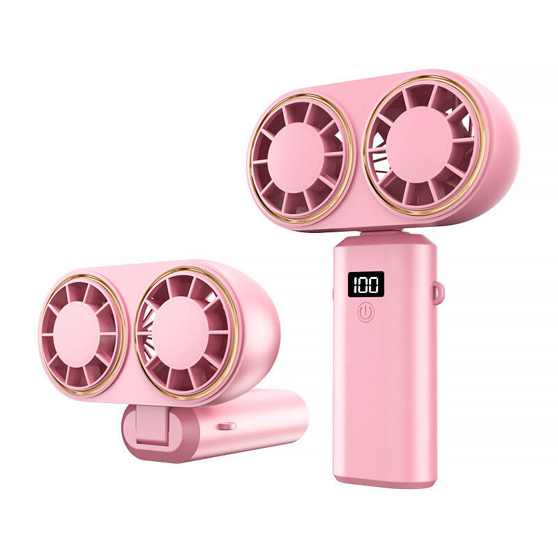 Pink - Neck Hanging Fan USB Rechargeable Folding Design Dual Turbo Dual Fan Cooler Rechargeable Cool