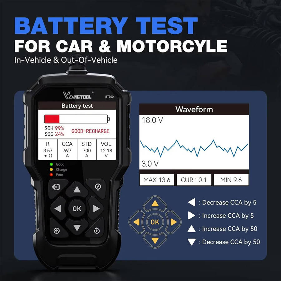 Black - VDIAGTOOL BT300 6V 12V Car Battery Tester Automotive Charging Cranking System Tester for Mot