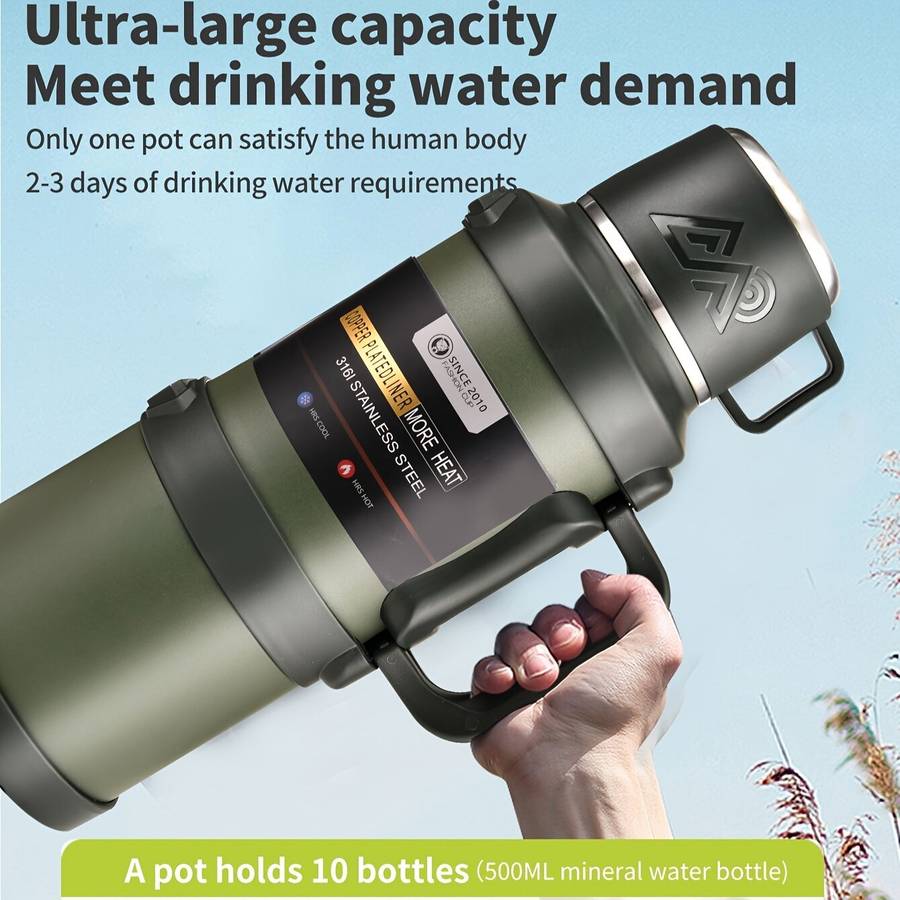 Black - 2.5L Vacuum Thermos Water Bottle 316 Stainless Steel Large Capacity Keep Warm Outdoor Travel