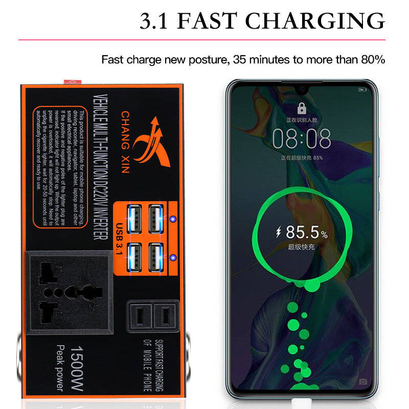 200W Car Power Inveter DC 12V/24V to AC 220V Converter Socket 4 USB Fast Charger
