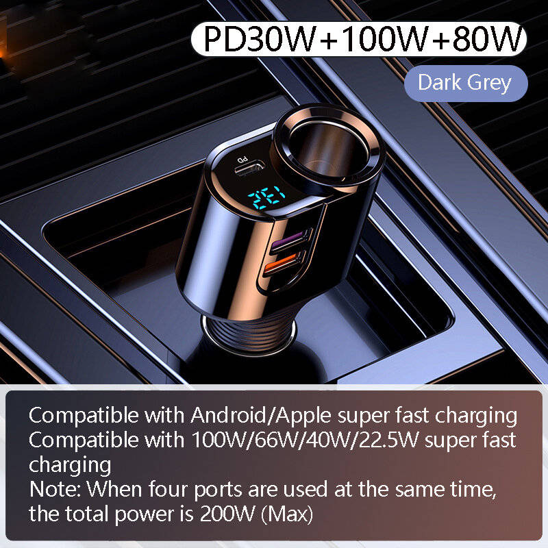 Silver - PD30W+80W+100W Car Fast Charger LCD Screen Dispaly Compatible with 100W/66W/40W/22.5W Super