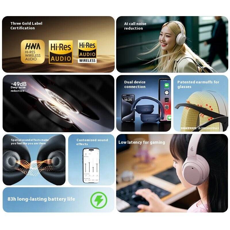 White - Edifier W820NB Headset Hi-Res bluetooth Headphone -49dB Noise Cancelling AI Call Noise Reduc