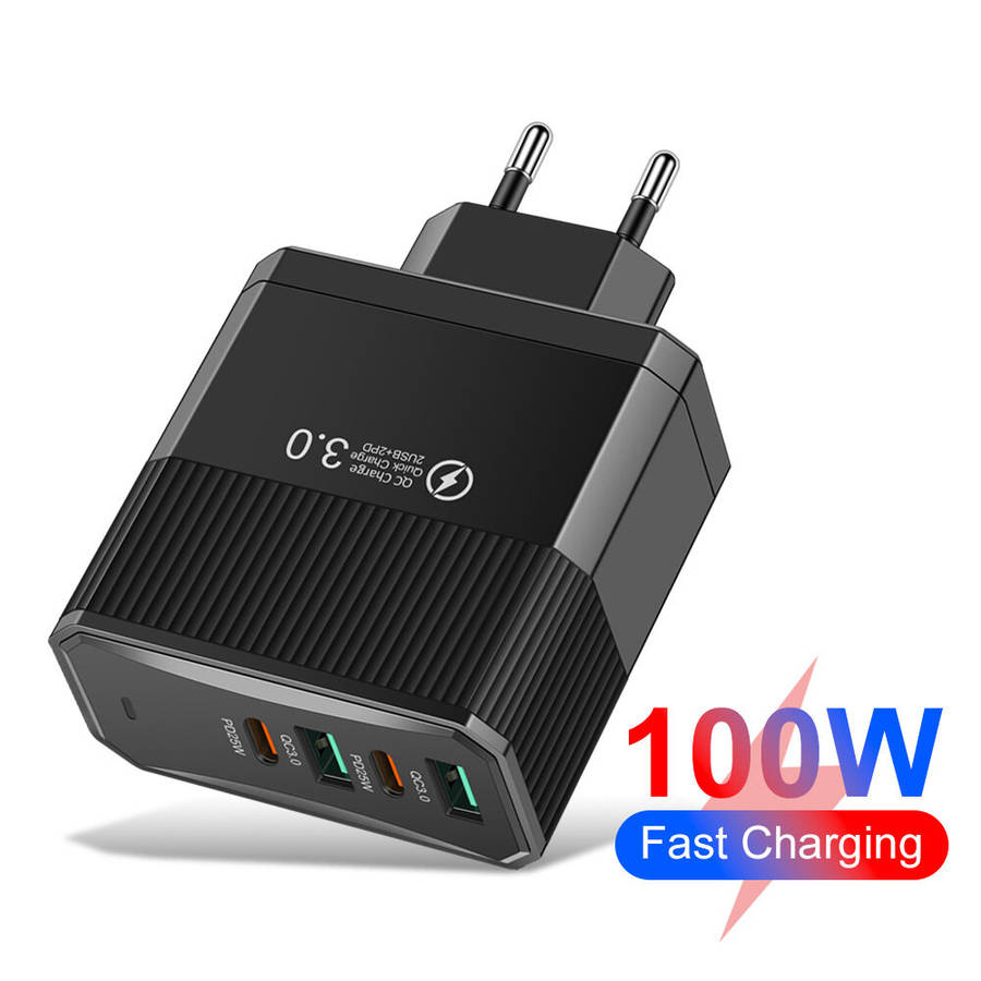 Black & US Plug - BK304-2A2C 100W 4-Port USB PD Charger 2USB-A+2USB-C PD QC3.0 Fast Charging Wall Ch