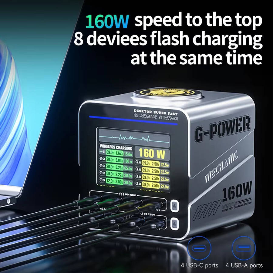 EU Plug - G-POWER 160W Nitride Charger GaN Fast Charger 8-Port PD3.1 QC USB-C USB-A Charging Station